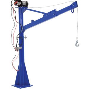 The Vestil Dc Power Lift Jib Crane 1.5K 66 In Boom is a blue metal crane with a long arm, sturdy base, and hook hanging from a cable. It includes a small motor with electrical wires, providing an efficient and compact design for lifting tasks.