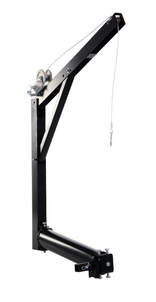 The Vestil Hitch-Mounted Truck Jib Crane is a black metal lifting hoist with a winch and cable, designed for easy vehicle hitch attachment. It has a diagonal arm ending in a strong hook, perfect for effortless lifting or towing tasks.