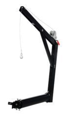 The Vestil Hitch-Mounted Truck Jib Crane, in black metal, includes a sturdy base, angled arm, pulley, and hook. It utilizes a cable mechanism with adjustable parts for lifting tasks and is displayed against a white background.