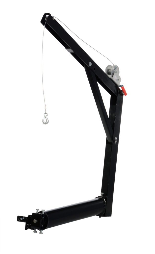 The Vestil Hitch-Mounted Truck Jib Crane, in black metal, includes a sturdy base, angled arm, pulley, and hook. It utilizes a cable mechanism with adjustable parts for lifting tasks and is displayed against a white background.
