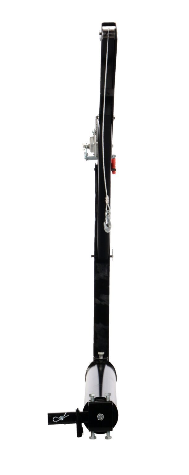 The Vestil Hitch-Mounted Truck Jib Crane is a black vertical mechanical arm with metallic parts, featuring a pulley and hook. It attaches easily to trucks using a cylindrical base and bracket, ideal for truck applications.