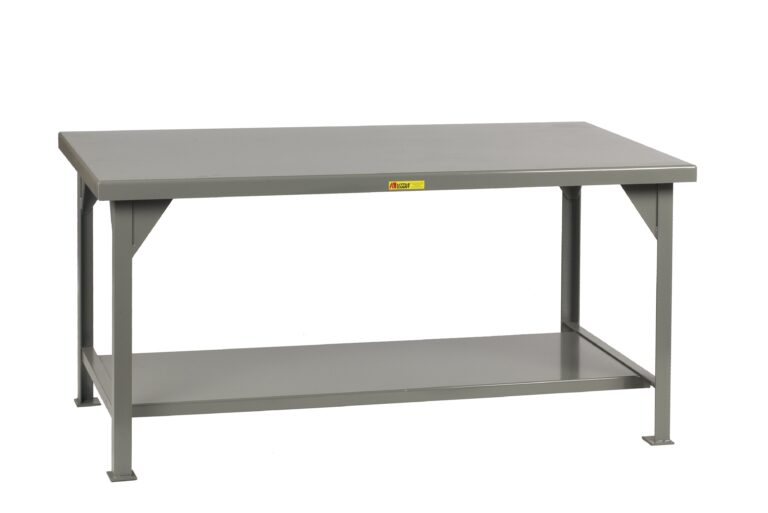 The Little Giant Heavy-Duty Workbench, named for its robust design, offers a gray industrial style with a flat top and lower shelf. Featuring sturdy legs and a yellow front label, its perfect for workshop or garage tasks.