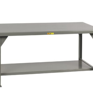 The Little Giant Heavy-Duty Workbench, named for its robust design, offers a gray industrial style with a flat top and lower shelf. Featuring sturdy legs and a yellow front label, its perfect for workshop or garage tasks.