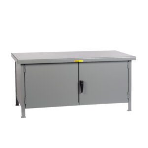 The Little Giant Heavy-Duty Cabinet Workbench is a gray, industrial cabinet with two doors and a black handle, elevated on short legs. Its ideal for storage in workshops or garages due to its simple design.