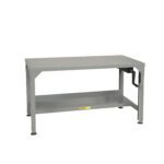 The Little Giant Easy Lift Adjustable Height Workbench is a sturdy gray metal station with a flat top, bottom shelf, adjustable feet, and a right-side vise. Its front beam proudly displays the manufacturers label, reflecting its quality.