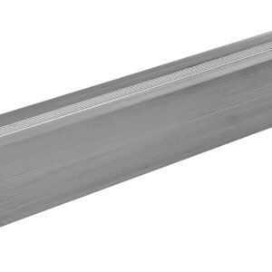 A silver metallic L-shaped extrusion with dual parallel slots on its longer side rests against a white background, similar to those in the Vestil Extruded Alum Hose/Cable Crossover 60 design.