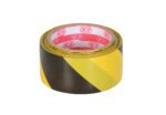 The Vestil Yel/Black Striped Floor Tape 82 Ft X 2 In is designed with black and yellow diagonal stripes for caution marking, while the inside displays a red and white pattern featuring a repeated BK print.