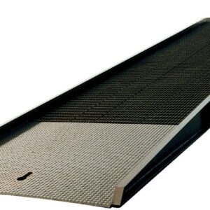The Vestil Steel Yard Ramp Overlap Style 20K 85X30 is a long, inclined metal ramp with side railings and a textured surface. It features wheels at one end, ideal for vehicle or cargo access to trucks or platforms.