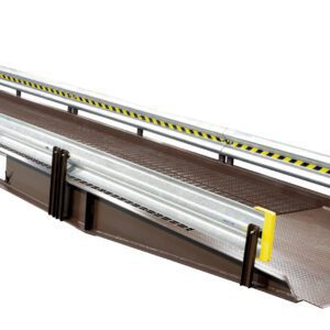 The Vestil Alum Yard Ramp Optional Guard Rail 30 Ft is a versatile portable loading dock ramp featuring a sturdy metal surface, brown finish with yellow and black safety stripes on the side rails, and optional guard rails. Equipped with wheels for easy mobility.