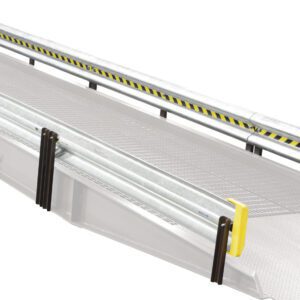 The Vestil Alum Yard Ramp Optional Guard Rail 36 Ft features a grated surface, yellow safety details, and black railings. Equipped with a wheel on one side, it efficiently loads equipment or vehicles onto elevated platforms or truck beds.