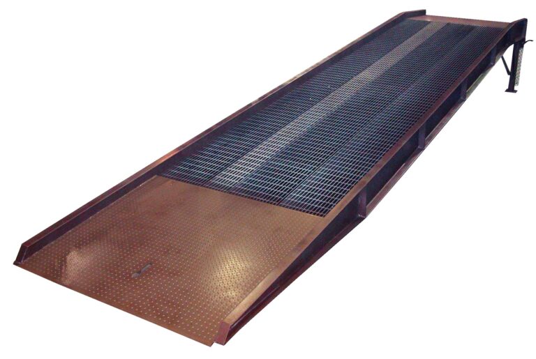 YRDS-16-8536-H_A.jpg The Vestil Steel Yard Ramp Hydr Docklevel 16K 85X36 features durable metal construction, a grated surface, and raised sides. Its angled design allows seamless access from ground level to elevated platforms, making it perfect for warehouses and loading docks.