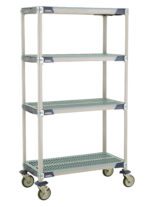 The MetroMax i X336EGX3 is a mobile industrial plastic shelving cart with open grid shelves, blue corner accents, and a wheeled base for easy mobility. It measures 18 x 36 x 67.3125.
