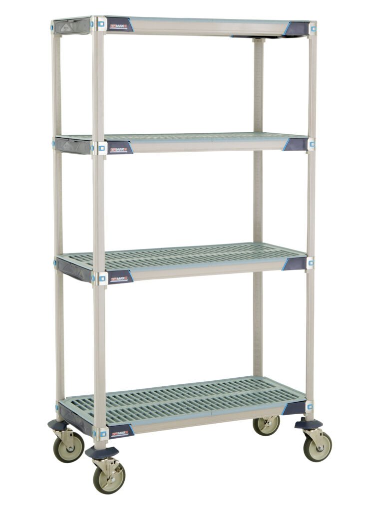 The MetroMax i X336EGX3 is a mobile industrial plastic shelving cart with open grid shelves, blue corner accents, and a wheeled base for easy mobility. It measures 18 x 36 x 67.3125.