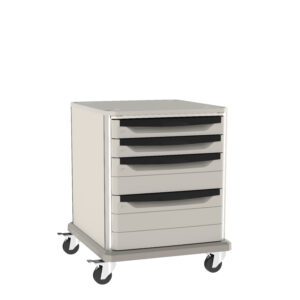 The Metro SXR28NL1 Starsys 28 tall undercounter cart offers five black-handled drawers and four caster wheels, blending sleek design with functionality. Its crafted from metal or plastic to fit your space needs.