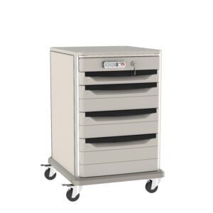 A tall, gray medical cart with five drawers and a lock mechanism on top, equipped with a keypad and a keyhole. The cart has four wheels for mobility.