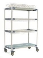 The MetroMax i PR48VX3 Mobile Drying Rack, featuring wire mesh construction, includes two drop-ins, one tray rack, and one bulk shelf. It measures 26 x 50 x 68, providing open storage and easy mobility with wire railings on the upper three shelves and a flat bottom shelf.