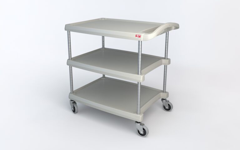 b0zaid2zq3uusccrocbhthdr2eivfr2g.jpg The Metro MY2030-34G myCart Series 3-Shelf Utility Cart is sleek and practical with a gray, three-tier design featuring wheels, a handle, and sturdy metal poles supporting each rectangular 20 x 30 shelf.