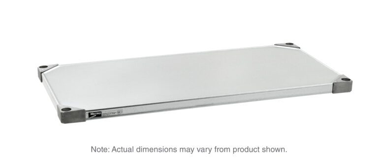 A rectangular gray Metro 1848FG Super Erecta Solid Shelf with black corner supports, crafted from galvanized steel, is displayed on a white background. Below it reads, Note: Actual dimensions may vary from product shown, referring to the shelfs size of 18 x 48.