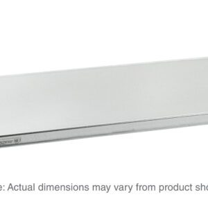 A rectangular gray Metro 1848FG Super Erecta Solid Shelf with black corner supports, crafted from galvanized steel, is displayed on a white background. Below it reads, Note: Actual dimensions may vary from product shown, referring to the shelfs size of 18 x 48.