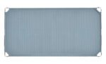 The MetroMax i MX1836F Plastic Industrial Shelf with Solid Mat, sized at 18 x 36, features a rectangular, ribbed light blue tray with rounded corners and small metal hooks at each corner for versatile storage.