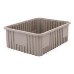 The Metro TB93080NAT Polypropylene Tote in natural gray measures 22.5 x 17.5 x 8, has a ribbed exterior, and is a large rectangular storage bin sold without a lid.