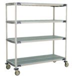 The MetroMax i X566EGX3 Cart, sized at 24 x 60 x 67.3125, features open grid shelves for ventilation, a sturdy frame, and four swivel casters for mobility, ideal for industrial or garage use.