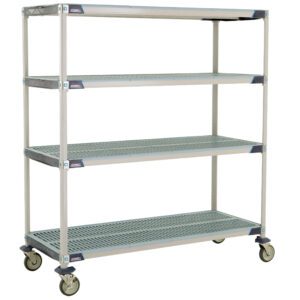 The MetroMax i X566EGX3 Cart, sized at 24 x 60 x 67.3125, features open grid shelves for ventilation, a sturdy frame, and four swivel casters for mobility, ideal for industrial or garage use.