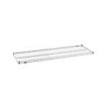 The Metro Super Erecta 2160NC Industrial Wire Shelf, Chrome, 21 x 60, features a sleek grid design with a shiny chrome finish. This sturdy, rectangular shelf integrates seamlessly into any modular shelving system and is set against a plain white background.