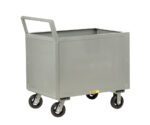 A gray rectangular metal utility cart, similar to the Little Giant Box Truck with an ergonomic handle, boasts four wheels and a handle on one side.
