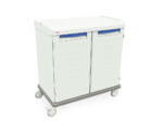 The Metro SXRD43CM4 Starsys Mobile Supply Unit is a versatile utility cart in light gray with front blue-handled doors. It features four wheels and a flat top for efficient storage and smooth mobility in any setting.