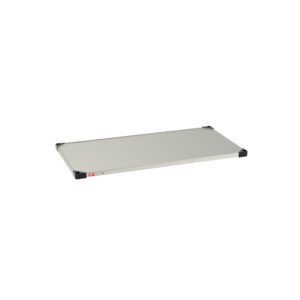 A Metro 2448FS Super Erecta Solid Shelf, standard stainless steel, measures 24 x 48 and features black corner protectors with a small red label on one edge. It stands empty against a white backdrop, showcasing its robustness and versatility in light gray.