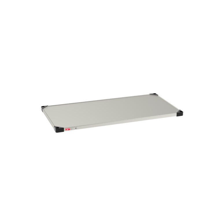 d1q1ee34ual8xp7ihyg2f33jfqd9x7ys.jpg A Metro 2448FS Super Erecta Solid Shelf, standard stainless steel, measures 24 x 48 and features black corner protectors with a small red label on one edge. It stands empty against a white backdrop, showcasing its robustness and versatility in light gray.