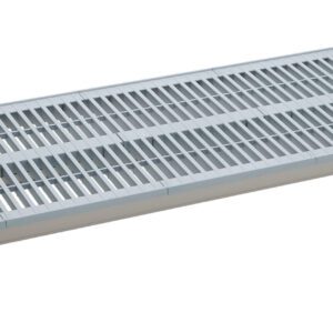 The MetroMax i MX1872G Plastic Industrial Shelf with Grid Mat is a sturdy, rectangular 18 x 72 shelf featuring evenly spaced horizontal slats on a solid frame, ideal for ventilation or drainage in industrial settings.