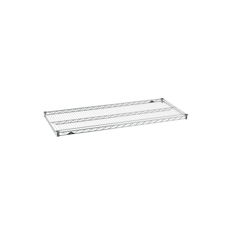 e3zg1rxa5duvioru4k7c9mce07s1k13f.jpg The Metro Super Erecta 2148NC Industrial Wire Shelf, Chrome, 21 x 48, displayed on a white background, showcases a grid pattern with reinforced edges for stability and a sleek chrome finish.