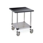 The Metro LTSM60PB Worktable boasts a black phenolic top and solid HD shelf, chrome legs, and caster wheels. Measuring 30 x 59.75 x 35.875, its perfect for versatile storage and mobility in any workspace.