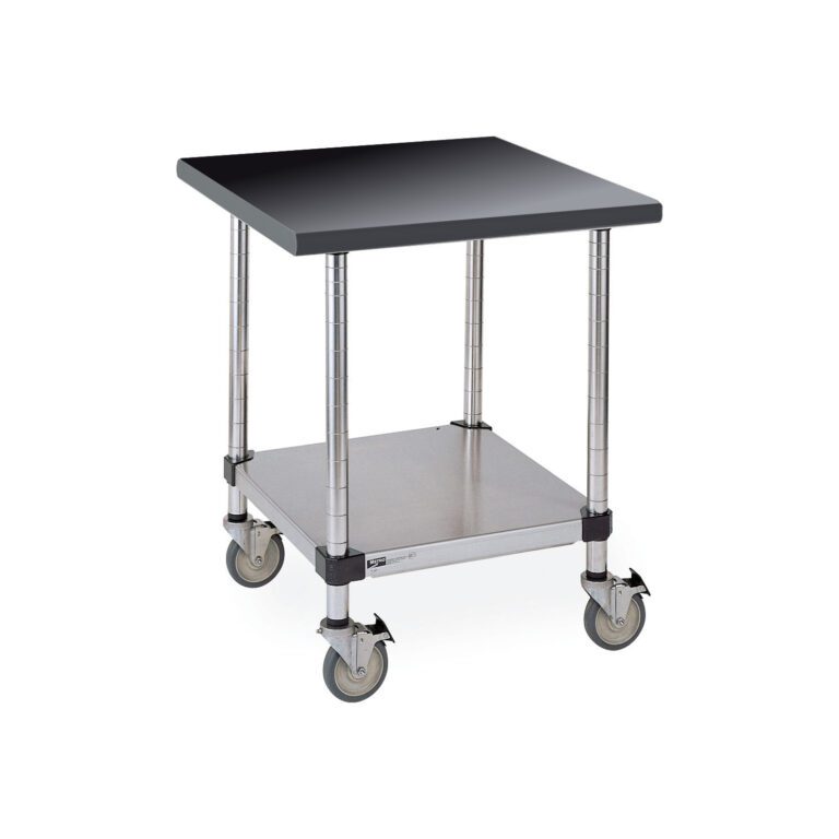 The Metro LTSM60PB Worktable boasts a black phenolic top and solid HD shelf, chrome legs, and caster wheels. Measuring 30 x 59.75 x 35.875, its perfect for versatile storage and mobility in any workspace.