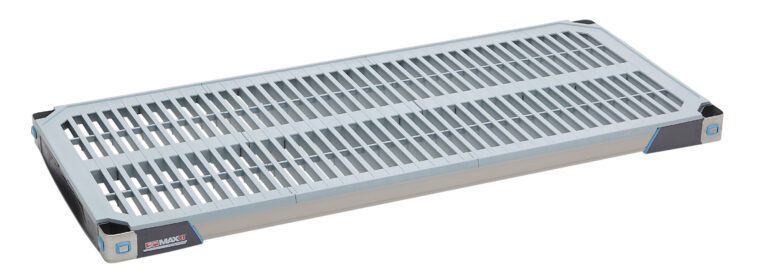 Meet the MetroMax i MX1842G, an 18 x 42 plastic industrial shelf. It features a stylish grid pattern on its gray surface with dark corners and a rectangular drainage cover, making it ideal for modern storage solutions.
