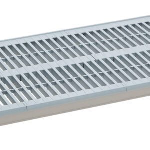 Meet the MetroMax i MX1842G, an 18 x 42 plastic industrial shelf. It features a stylish grid pattern on its gray surface with dark corners and a rectangular drainage cover, making it ideal for modern storage solutions.