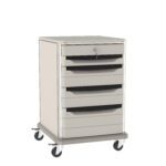 A gray mobile storage cart with five drawers and a top surface, secured with a lock on the top drawer. The cart is on four caster wheels for easy movement.