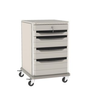 A gray mobile storage cart with five drawers and a top surface, secured with a lock on the top drawer. The cart is on four caster wheels for easy movement.