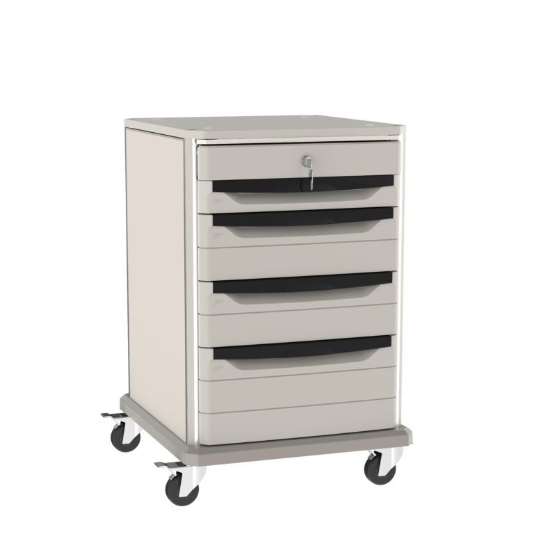 A gray mobile storage cart with five drawers and a top surface, secured with a lock on the top drawer. The cart is on four caster wheels for easy movement.