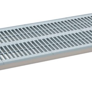 A rectangular cooling pad with a metal grid design and a sleek, modern look inspired by the MetroMax i MX1854G Plastic Industrial Shelfs durability. It includes four small rubber feet for stability and features distinctive side branding labels.