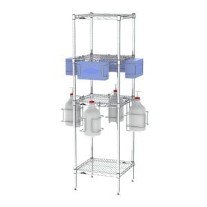 The Metro CR181863-PPET PPE Rack is a tall, metal storage unit with wire shelves, holding a blue crate on one shelf and four white gallon containers in metal holders below, offering versatile storage solutions.