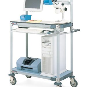 The Metro MDSX3 MetroMax i Mobile Desk Lab Cart includes a top shelf for a monitor, microscope, keyboard, and computer. Its bottom shelf accommodates a printer and computer tower. With four wheels and a robust metal frame, it ensures smooth mobility throughout your workspace.