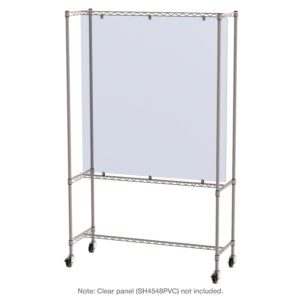 The Metro SHH184878K4-M-3 Mobile Protective Barrier Shield Stand, crafted from Metroseal Gray metal, features a rectangular frame with wheels. It offers stability and easy mobility while holding a clear panel (not included).