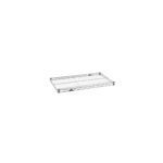 The Metro Super Erecta 1830NC Industrial Wire Shelf, Chrome, 18 x 30, has a grid pattern ideal for modular shelving and includes four corner mounts for secure vertical post attachment. It features a sturdy chrome finish and is displayed on a white background.