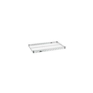 The Metro Super Erecta 1830NC Industrial Wire Shelf, Chrome, 18 x 30, has a grid pattern ideal for modular shelving and includes four corner mounts for secure vertical post attachment. It features a sturdy chrome finish and is displayed on a white background.