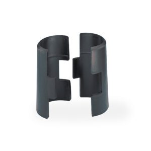 The image shows a black, cylindrical Metro 9985 Replacement Plastic Split Sleeve for Super Erecta Industrial Wire Shelving, from the pack of 4, divided into two equal halves. Each half has a central notch resembling a clamp or bracket and is upright on a white surface.