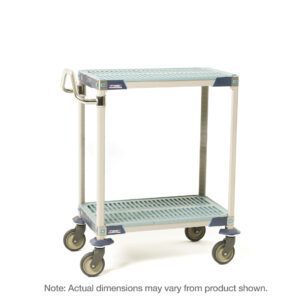 The MetroMax i MXUC2436G-25 utility cart measures 24 x 36 x 39.25, features two shelves, a sturdy metal frame, four swivel wheels, slatted surfaces, and a side handle. It is available in light gray and blue elements with possible slight dimension variations.