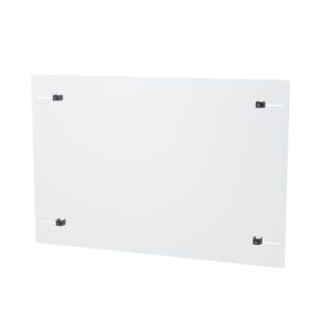 The Metro CRDD9971-2436 Social Distancing Shield for Super Erecta Shelving is a plain white 24 x 36 panel with four black corner clips for easy mounting, highlighting its simplicity and functionality.